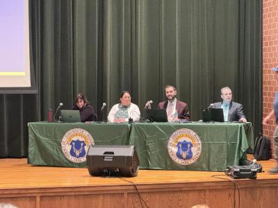 Town Moderator Melissa Haskell, Town Clerk Sarah Haskell Arruda, Town Administrator Cody Haddad and Director of Budget and Finance Gary Carreiro. Photo by Kat Sheridan