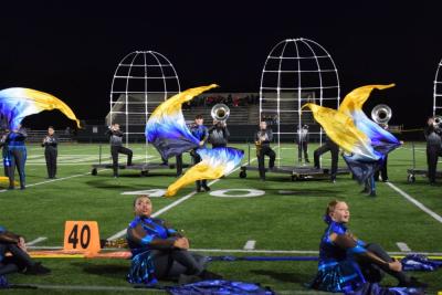The color guard performs in front of the cage. 