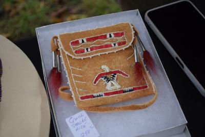 A quill smoke hide bag by Yolandi Smith and Venus Reels. 