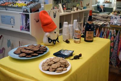 A shop set up to welcome guests with sips. 