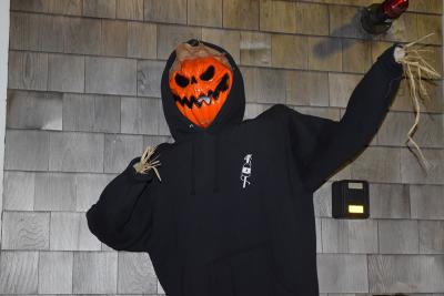 A scary jack o' lantern outside The Sail Loft. 