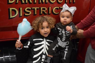 Jordyn (3.5) and Toryn (9 months) dressed up as matching skeletons. 