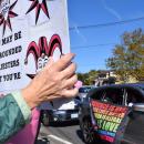 A protester waves her sign to someone driving past with a supportive flag.
