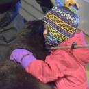 Aurora Cove, 2.5, gives a dog a hug.