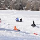 Sledding down the hill behind the Dartmouth Middle School.