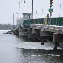 The harbor, partially icy and snowy.
