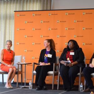 Jennifer Hoadley, Te-Ana Harris and Daniel Cohen answer questions from Kristine Bostek during the panel. 