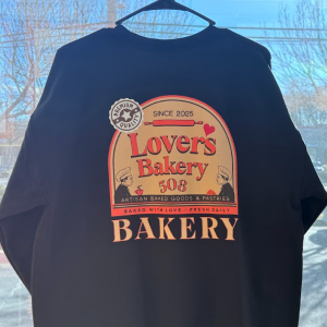 A sweatshirt for sale at the bakery. 