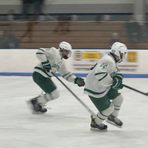 Two players skate after the puck. Photos by Kat Sheridan