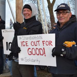 A sign calling for I.C.E. to leave.