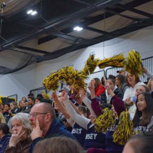 Girls from Tansey cheer with their pom poms. 