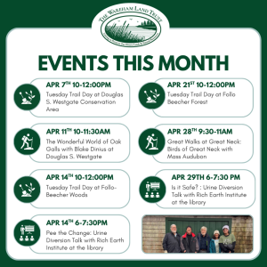 A calendar of events for the Wareham Land Trust in April, the text details can be read in the text of the post.