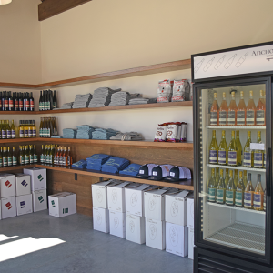 Some of the wine bottles and merch available. 