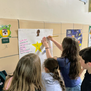 The students answer questions on their posters. 