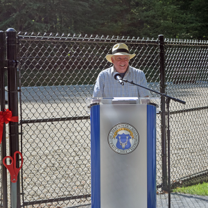 Howard Baker-Smith of the Community Preservation Committee welcomes people to the park. 
