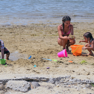 A group of girls plays in the sand. 
