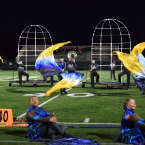 The color guard performs in front of the cage. 
