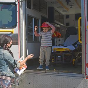 JJ, age 5, explores the ambulance. 