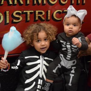 Jordyn (3.5) and Toryn (9 months) dressed up as matching skeletons. 